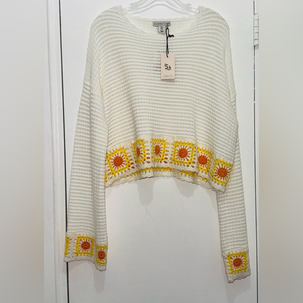 Sincerely Jules Ivory Crochet Floral Cropped Boxy Sweater Size L